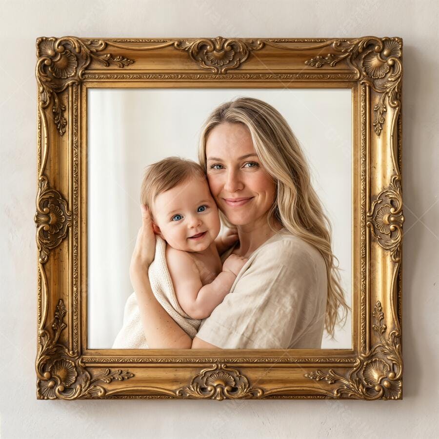 Foto Mãe e Bebê Sorrindo Retrato Família Moldura Dourada