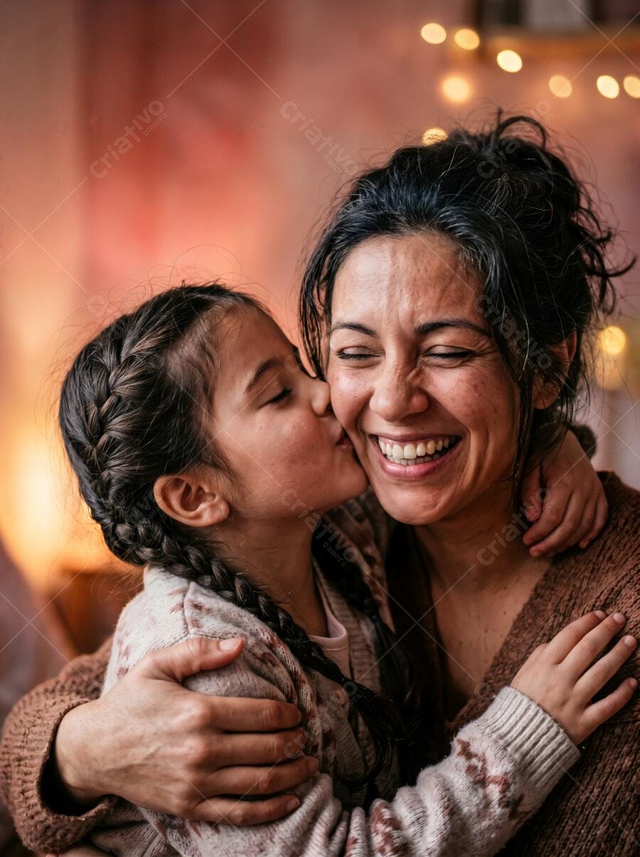 Foto Mãe e Filha Abraçadas Beijo na Bochecha Família Feliz
