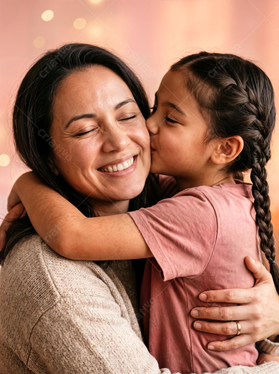 Foto Mãe e Filha Abraçadas Beijo no Rosto Carinho Amor