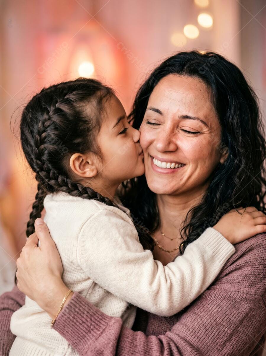 Foto Mãe e Filha Abraçadas Beijo no Rosto Carinho Familiar