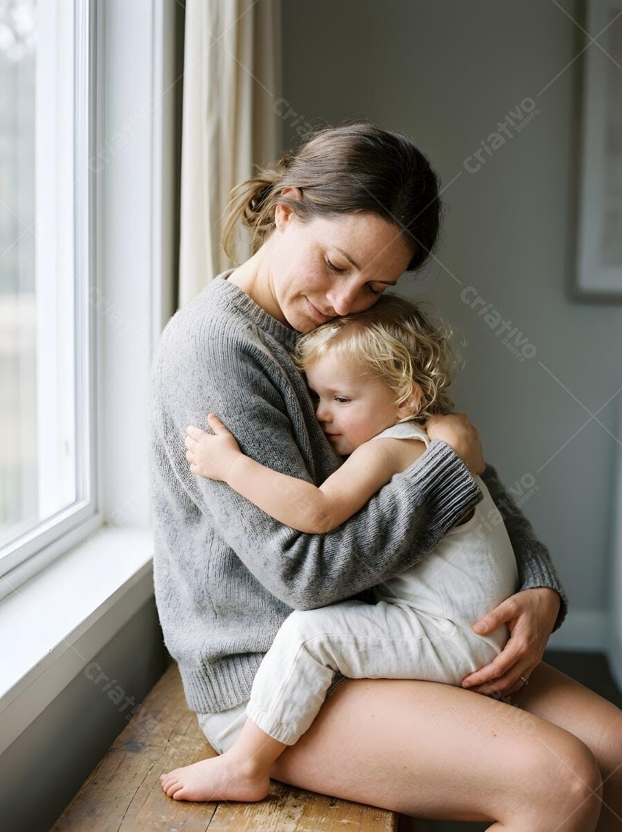 Foto Mãe e Filha Abraçadas Carinho Família Janela