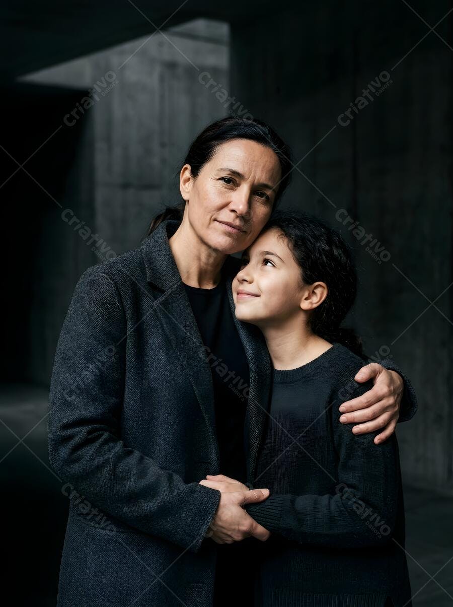 Foto Mãe e Filha Abraçadas Olhando para Cima Retrato Família