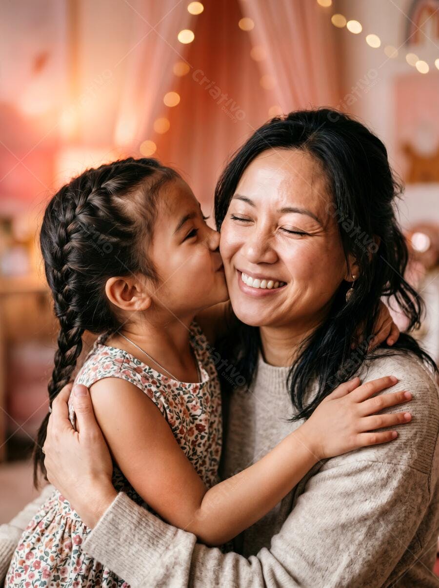 Foto Mãe e Filha Asiáticas Abraçadas Sorrindo Carinho
