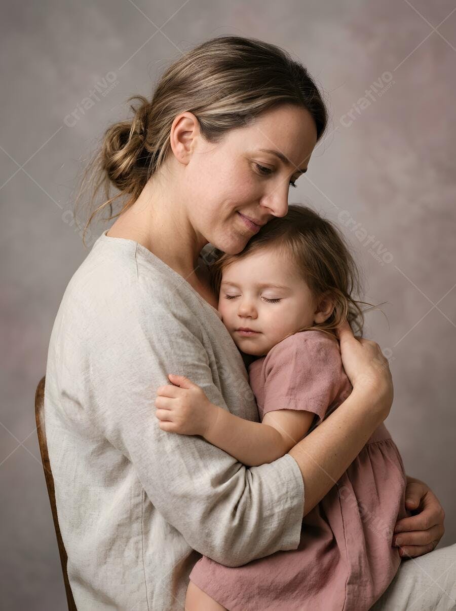 Foto Mãe e Filha Dormindo Abraçadas Retrato Estúdio