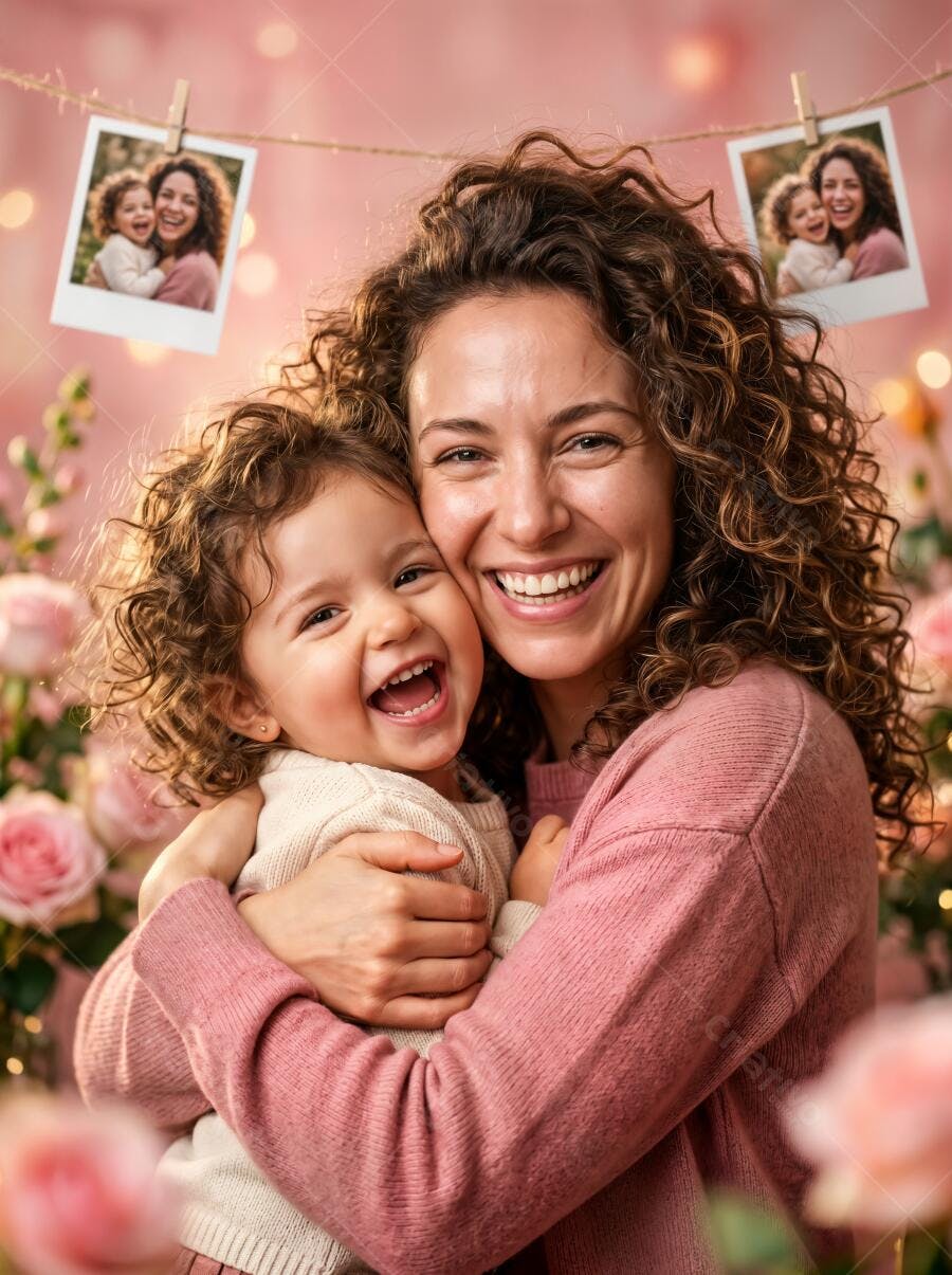Foto Mãe e Filha Sorrindo Abraçadas Dia das Mães Rosas