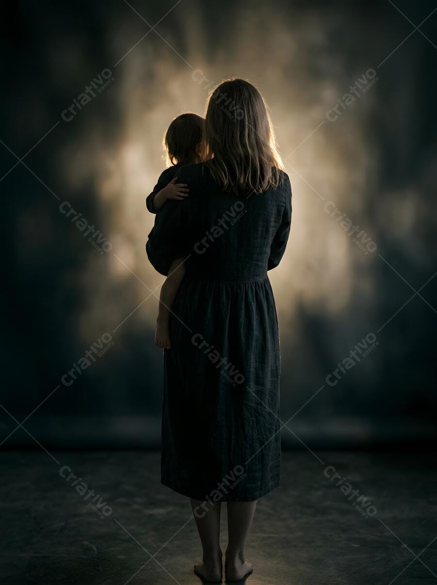 Foto Mãe e Filho Abraçados Iluminação Contraluz Escura