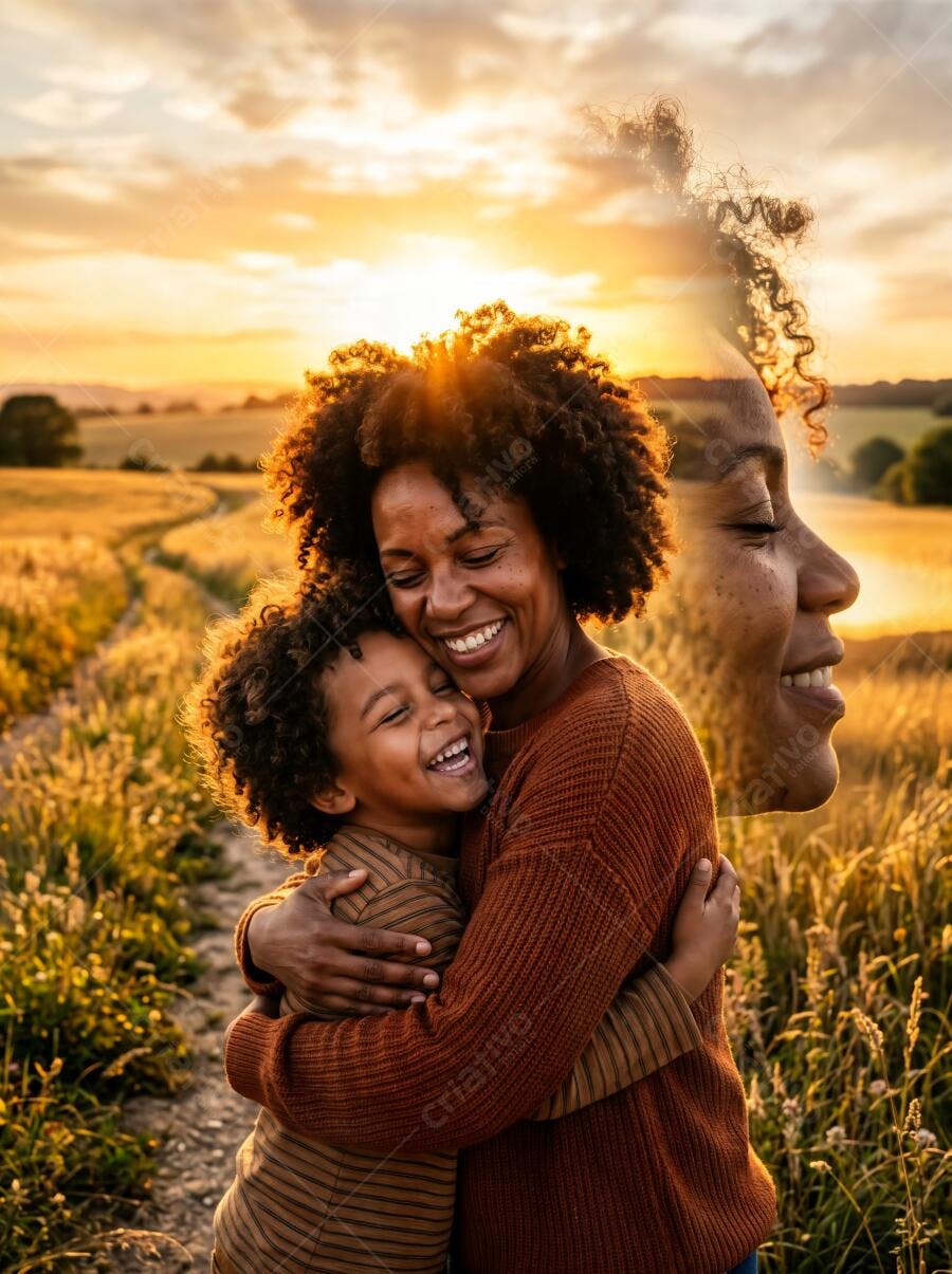 Foto Mãe e Filho Negros Abraçados Campo Pôr do Sol Dourado