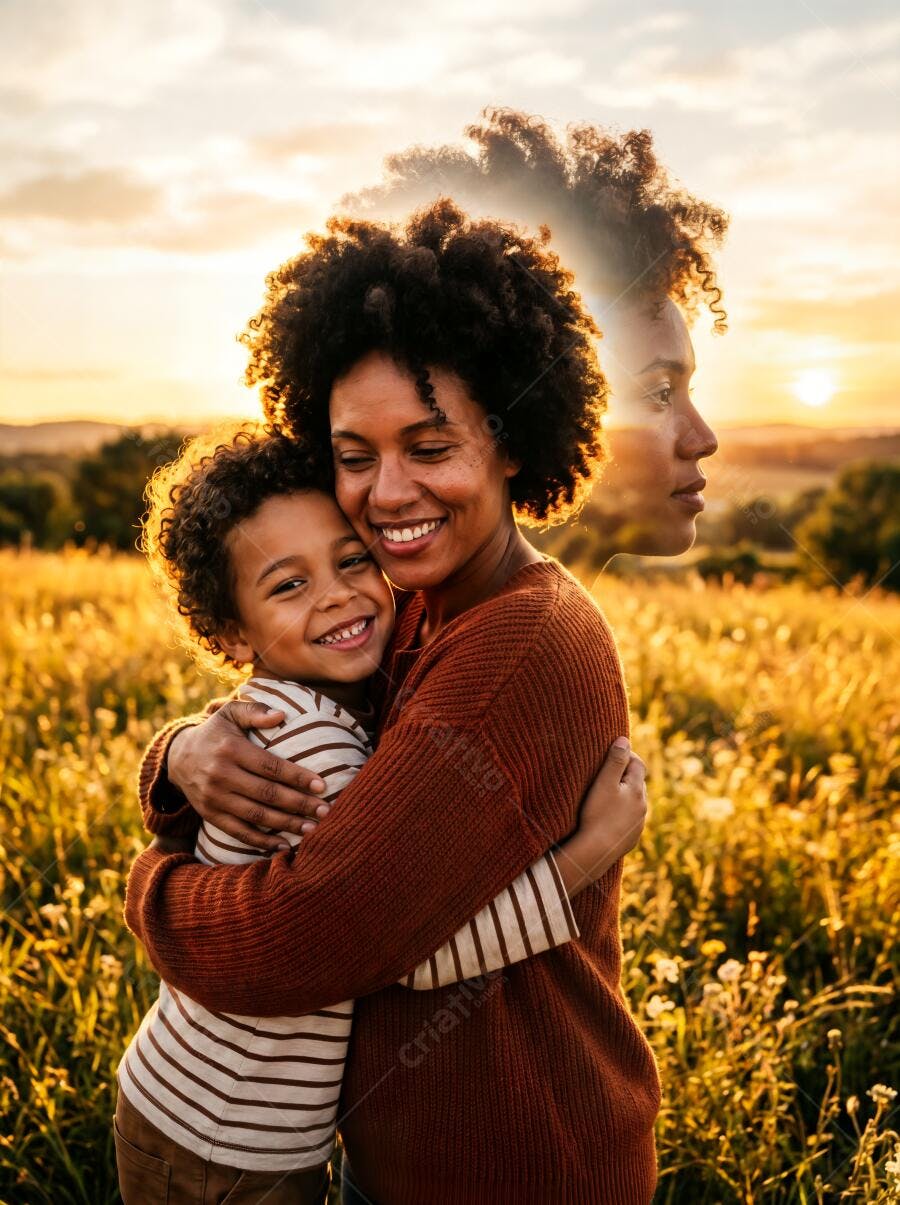 Foto Mãe e Filho Negros Abraçados Campo Pôr do Sol Dourado