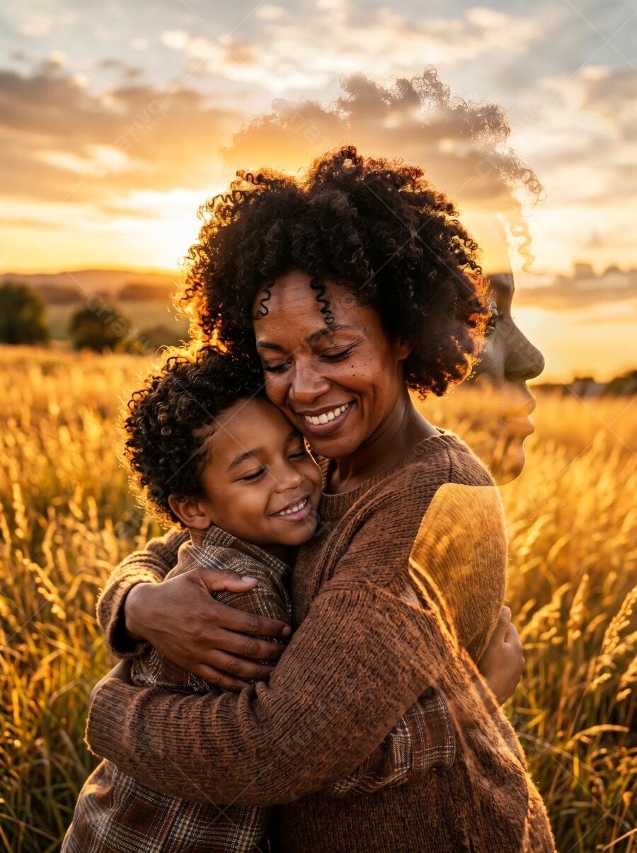 Foto Mãe e Filho Negros Abraçados Campo Pôr do Sol