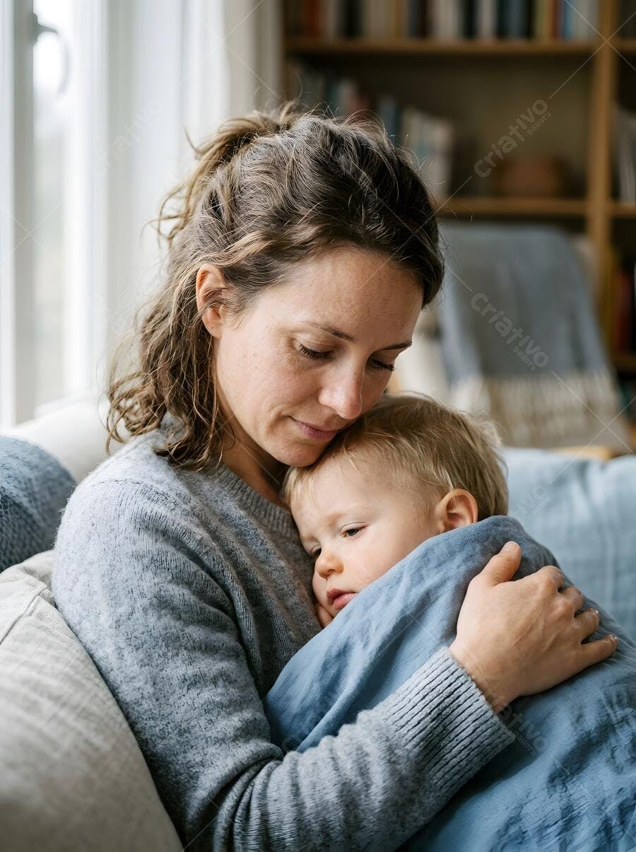 Foto Mãe e Filho Pequeno Abraçados Carinho no Sofá