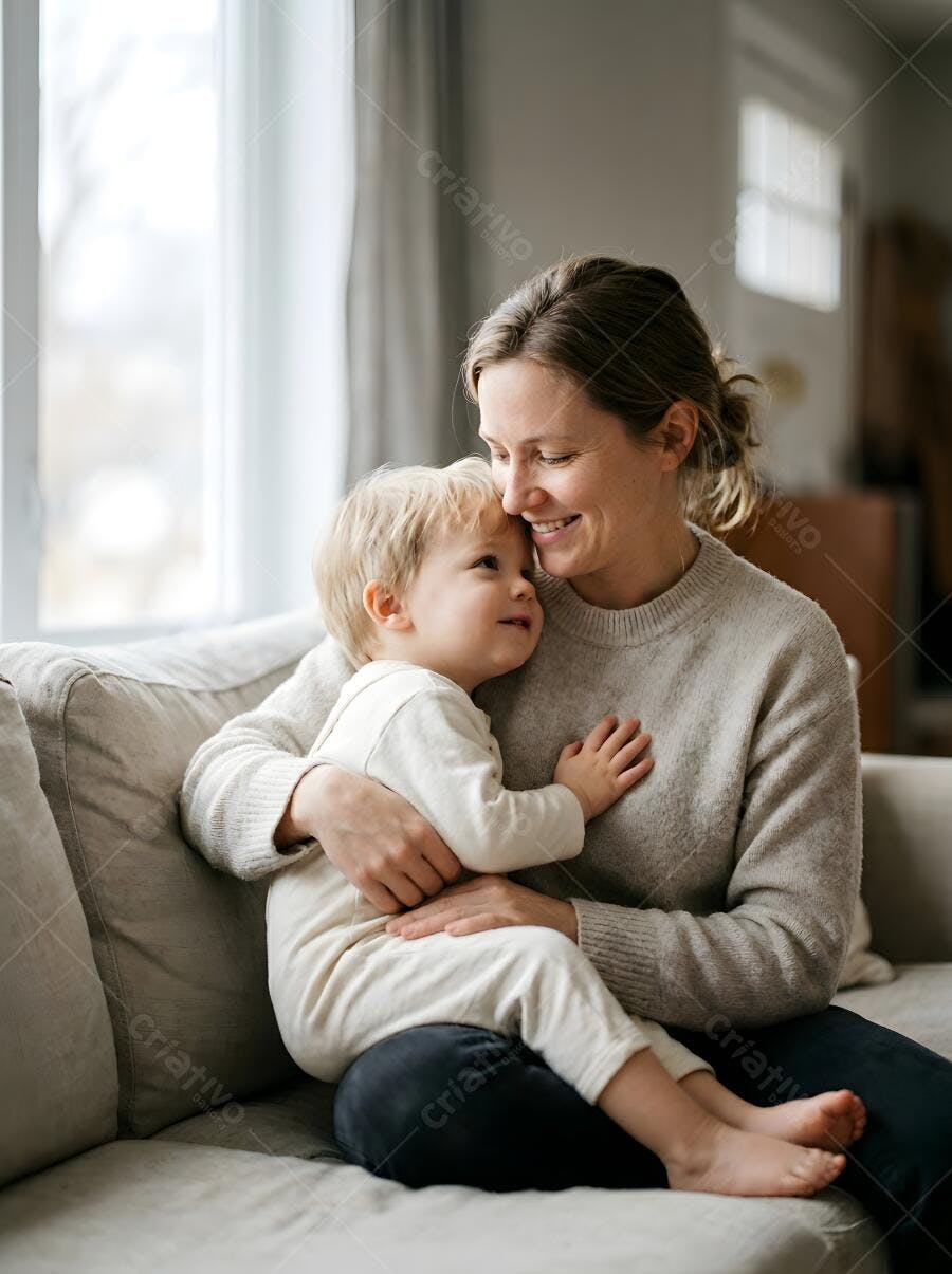 Foto Mãe e Filho Pequeno Abraçados Sofá Casa Aconchegante