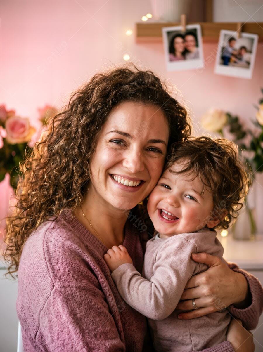 Foto Mãe e Filho Pequeno Sorrindo Abraçados Fundo Rosa