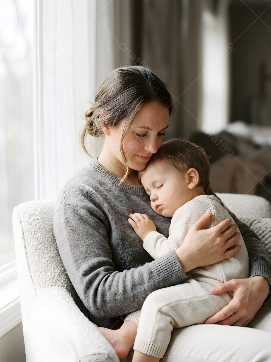 Foto Mãe Segurando Bebê Dormindo no Colo em Casa