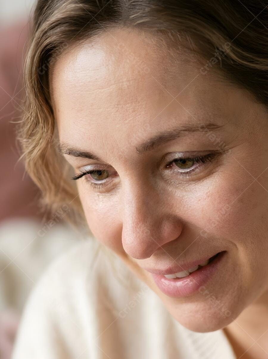 Foto Mulher Branca Sorrindo Olhando Baixo Close-up