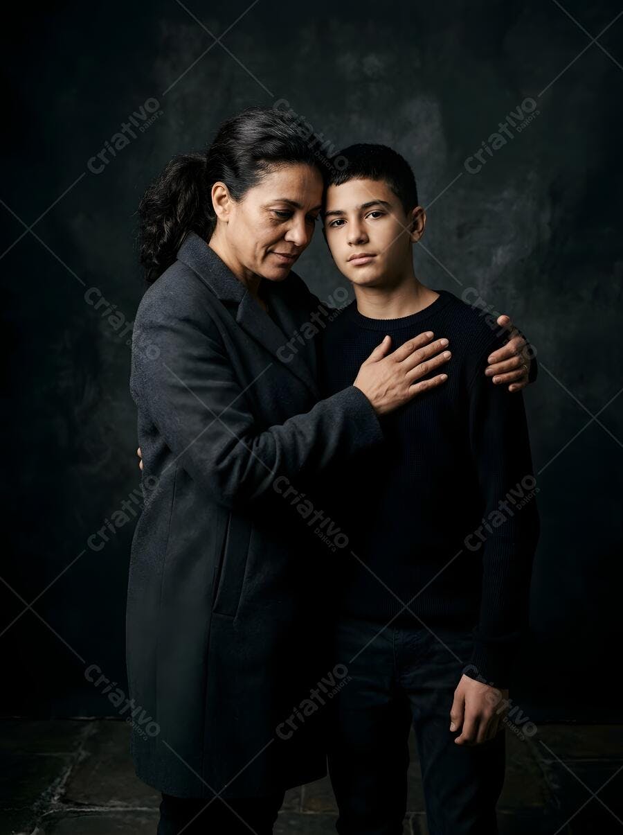 Foto Mulher e Filho Adolescente Abraçados Retrato Estúdio Escuro