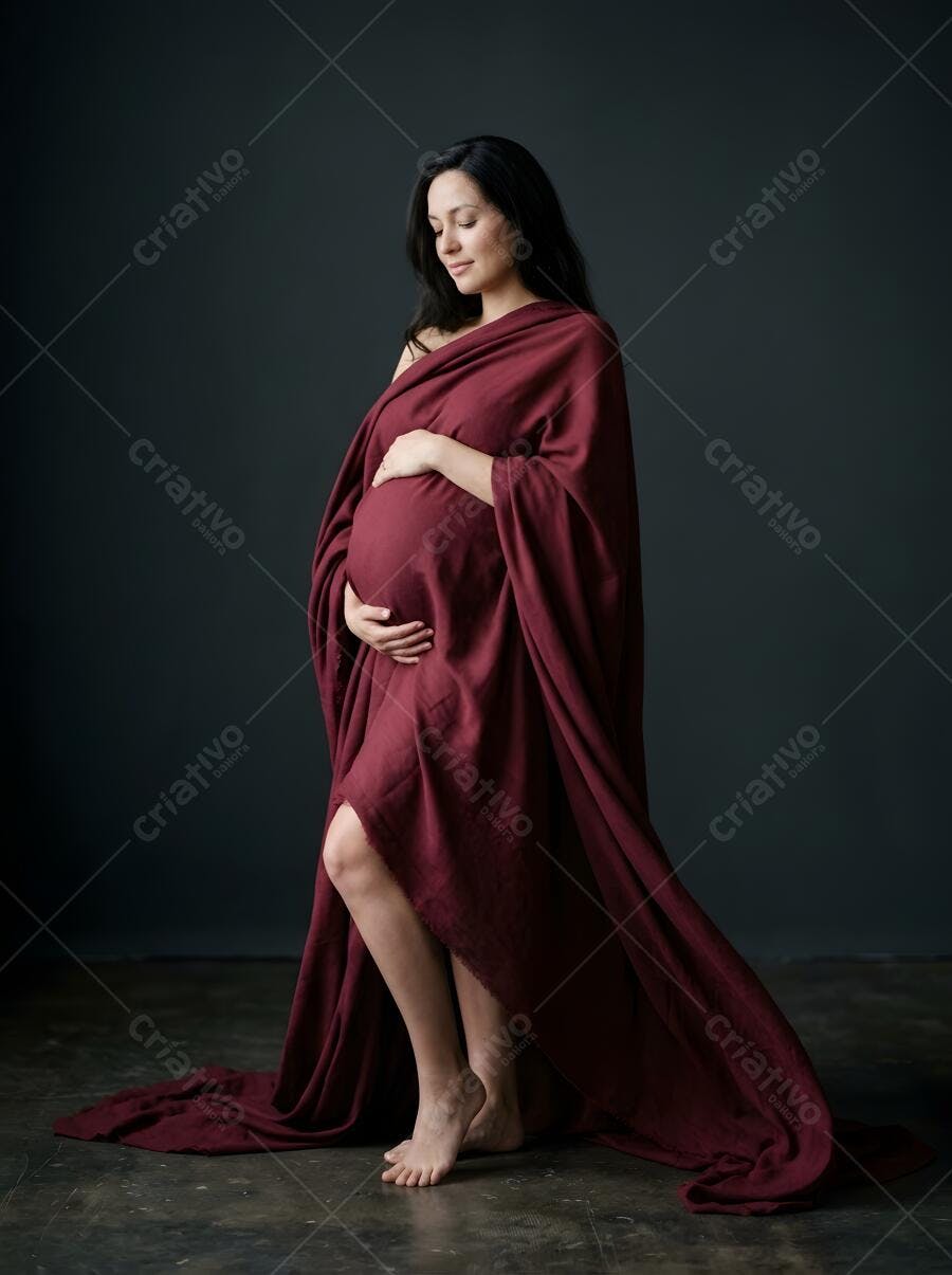 Foto Mulher Grávida Envolta Tecido Vinho Posa Estúdio Escuro