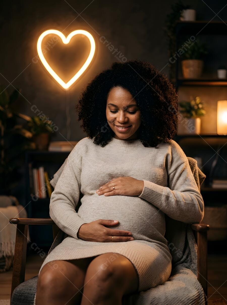 Foto Mulher Grávida Negra Tocando Barriga Coração Neon
