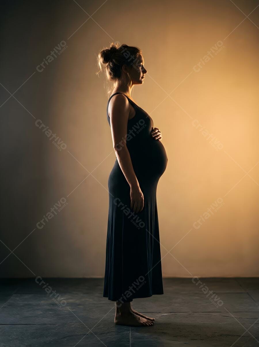 Foto Mulher Grávida Perfil Vestido Preto Estúdio Escuro