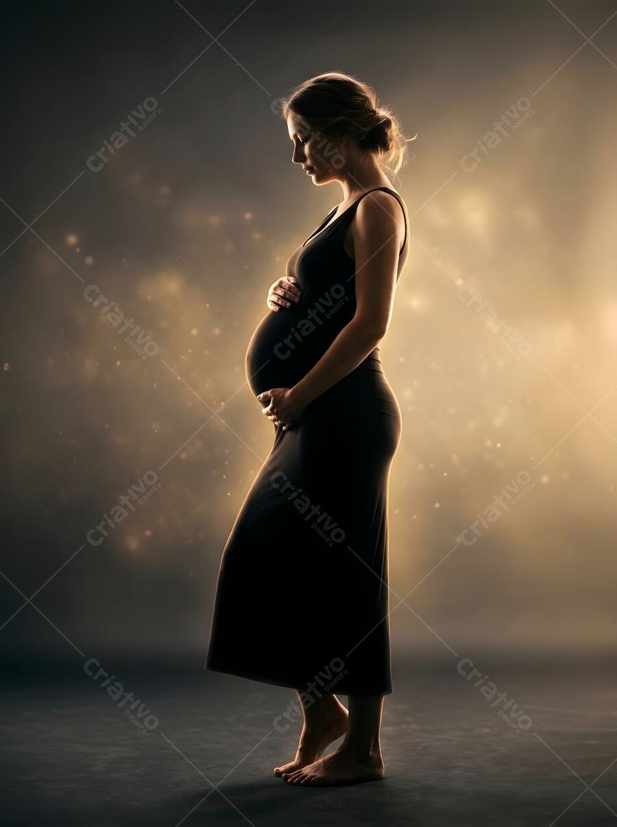 Foto Mulher Grávida Silhueta Escura Iluminação Dourada Estúdio