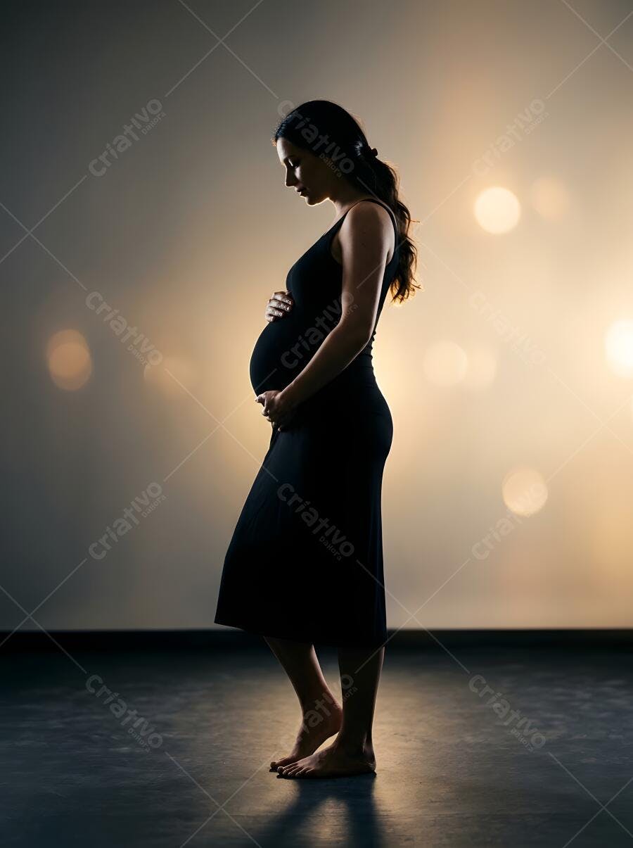 Foto Mulher Grávida Silhueta Tocando Barriga Estúdio Escuro