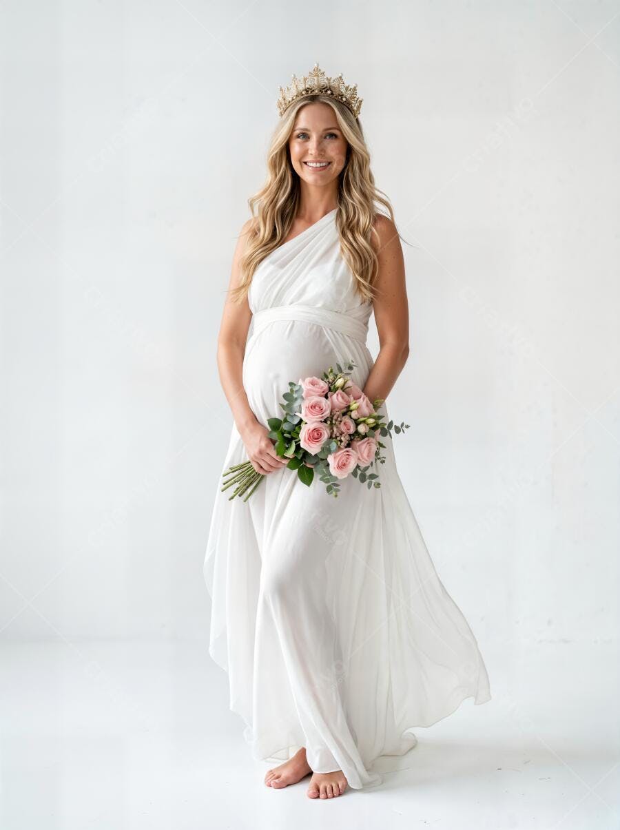 Foto Mulher Grávida Sorrindo Coroa Buquê Rosas Vestido Branco