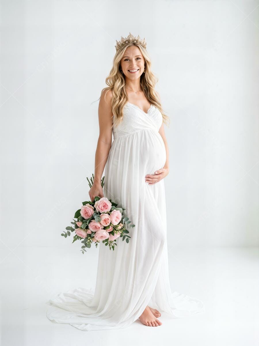 Foto Mulher Grávida Sorrindo Vestido Branco Coroa Buquê Rosas