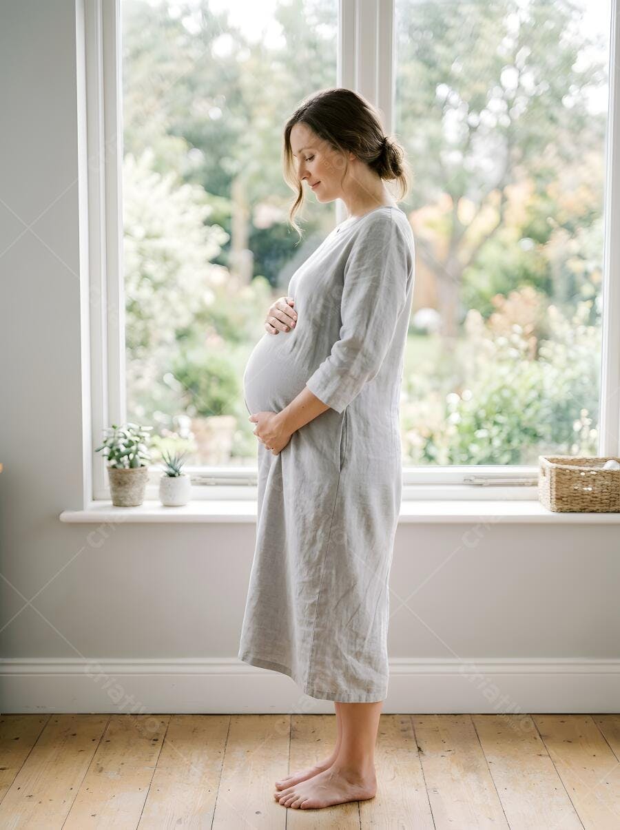 Foto Mulher Grávida Tocando Barriga Janela Casa Ensolarada