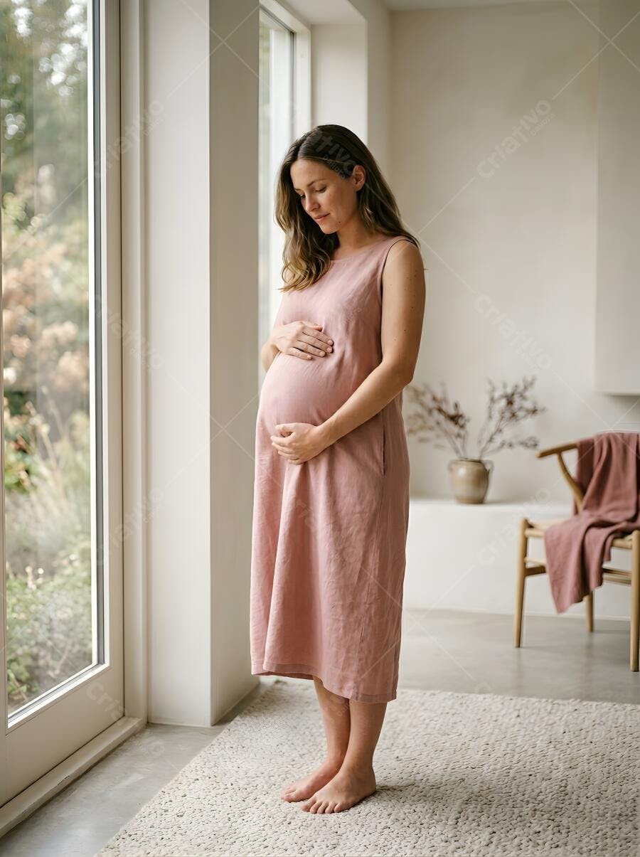 Foto Mulher Grávida Tocando Barriga Janela Casa Estilo Lifestyle