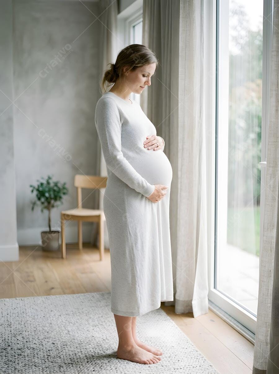 Foto Mulher Grávida Tocando Barriga Janela Casa Luz Natural