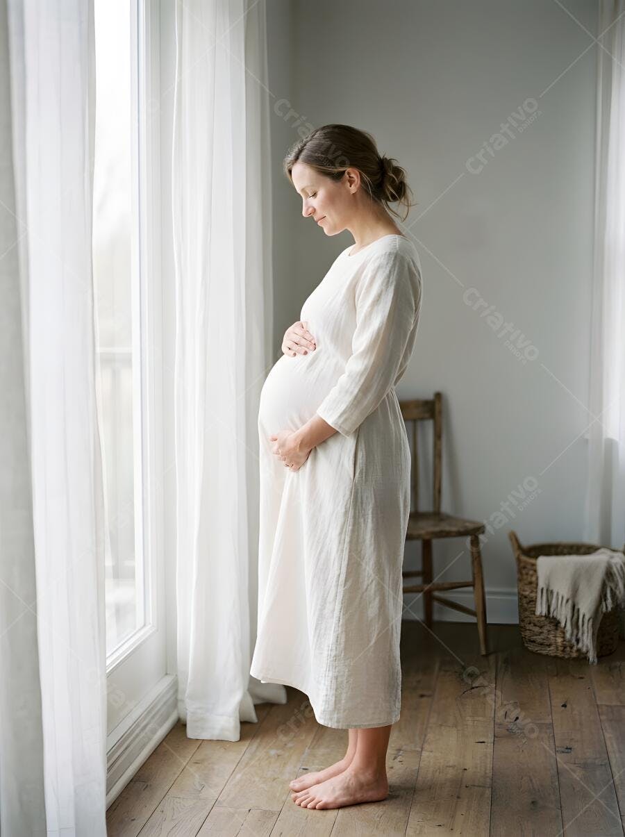 Foto Mulher Grávida Tocando Barriga Janela Iluminação Natural