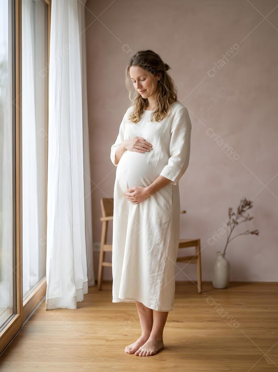 Foto Mulher Grávida Tocando Barriga Janela Luz Natural