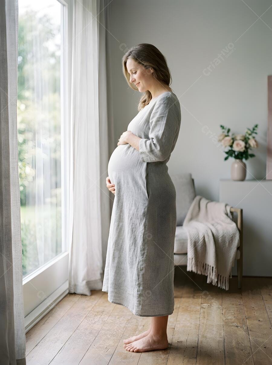 Foto Mulher Grávida Vestido Cinza Tocando Barriga Janela