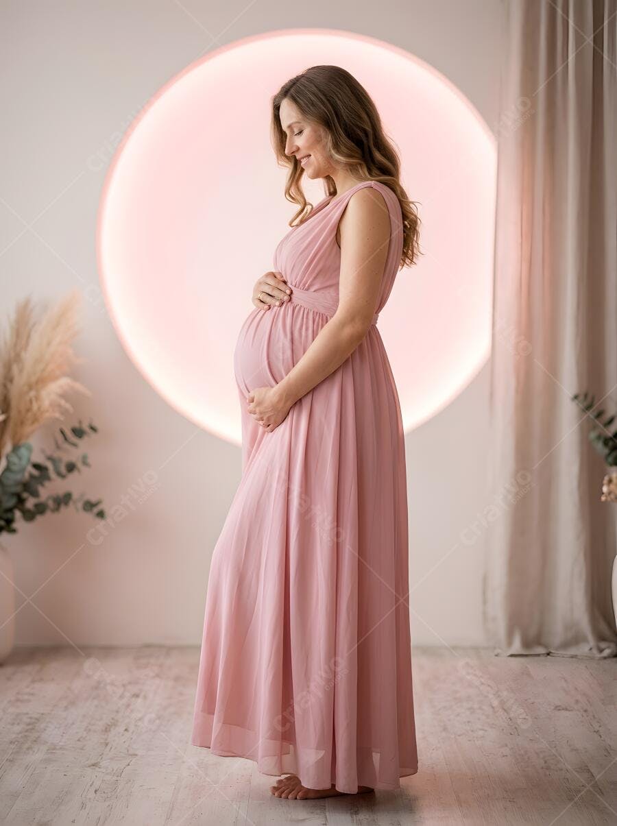 Foto Mulher Grávida Vestido Rosa Estúdio Luz Circular