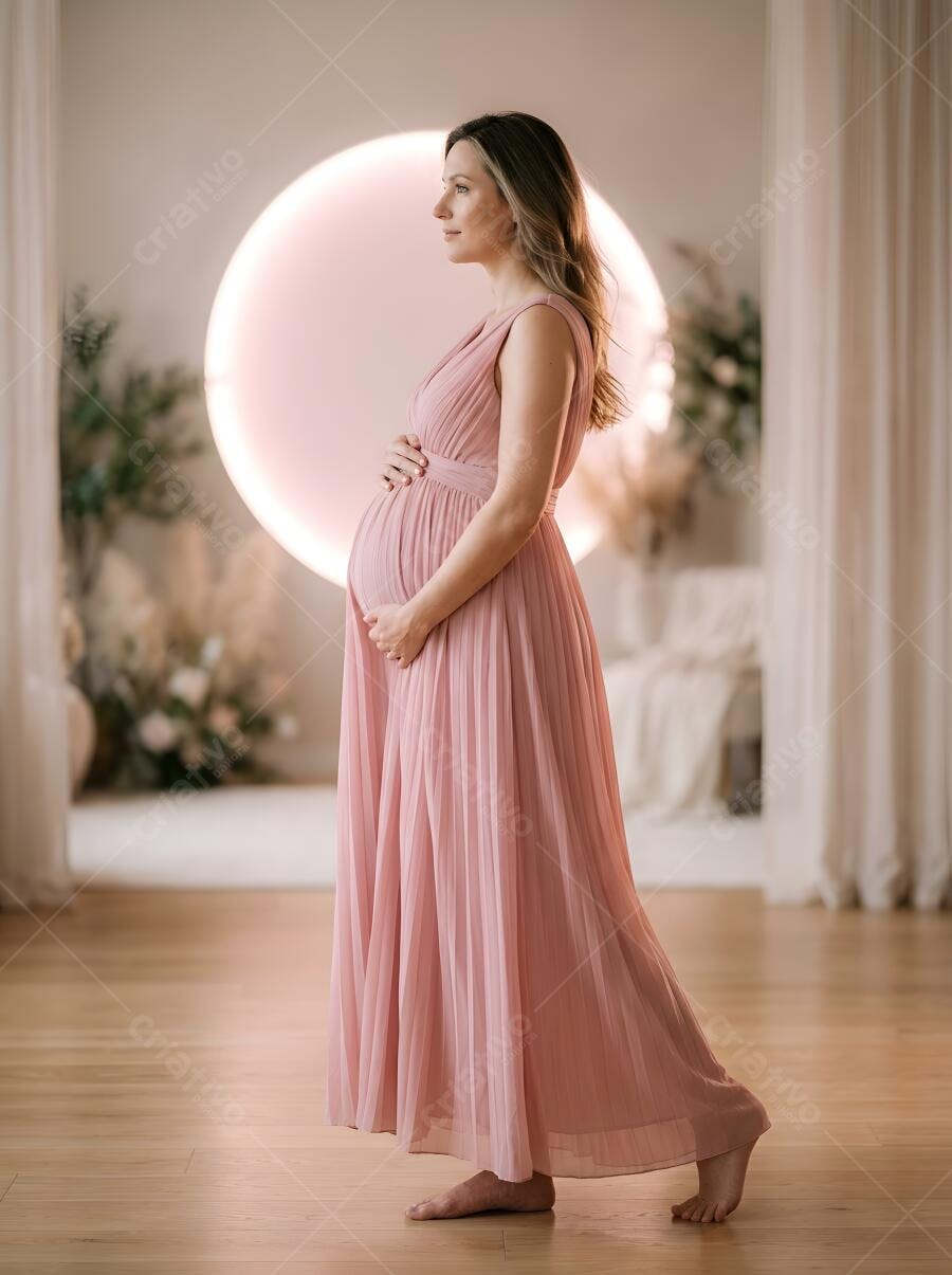 Foto Mulher Grávida Vestido Rosa Posa Estúdio Maternidade