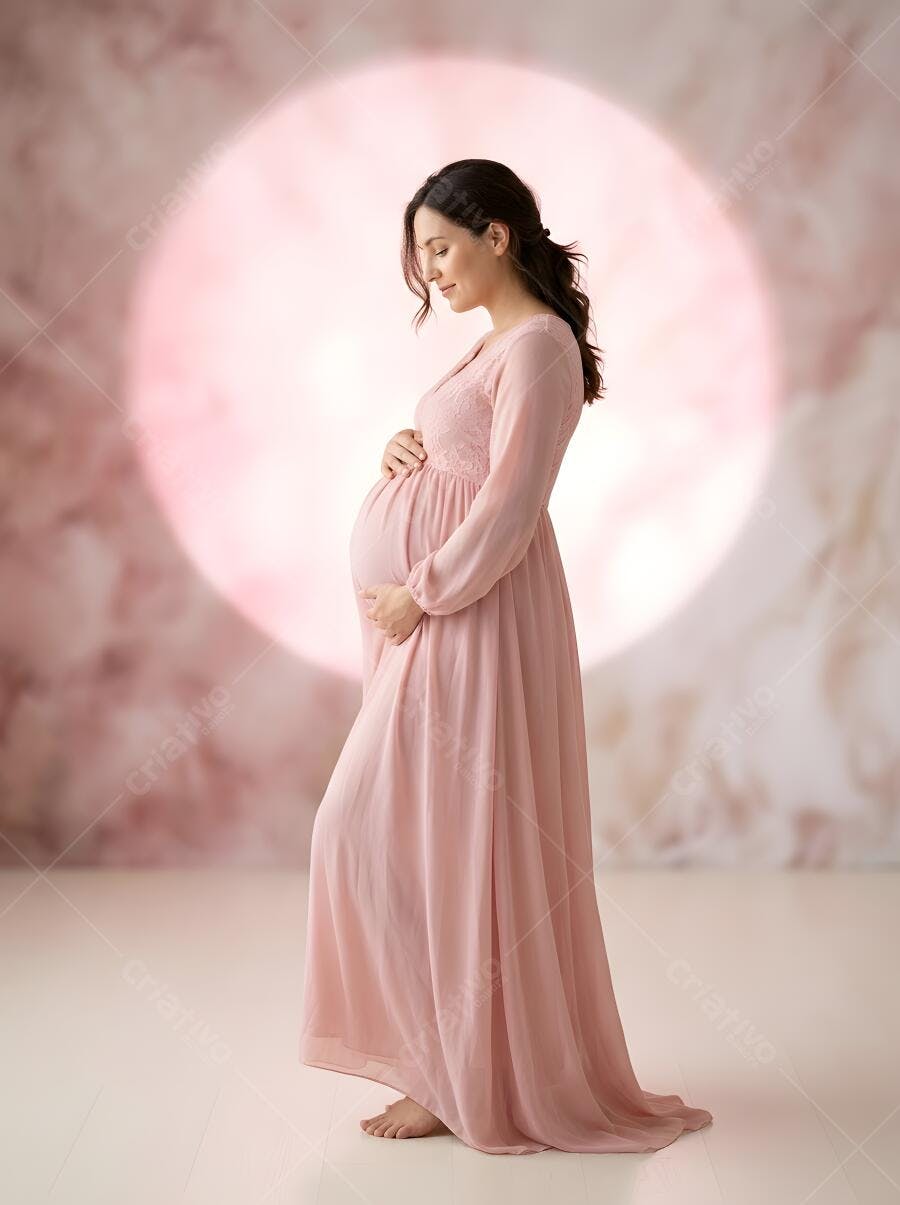Foto Mulher Grávida Vestido Rosa Posa Estúdio Maternidade