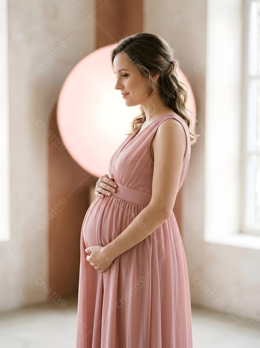 Foto Mulher Grávida Vestido Rosa Tocando Barriga Maternidade