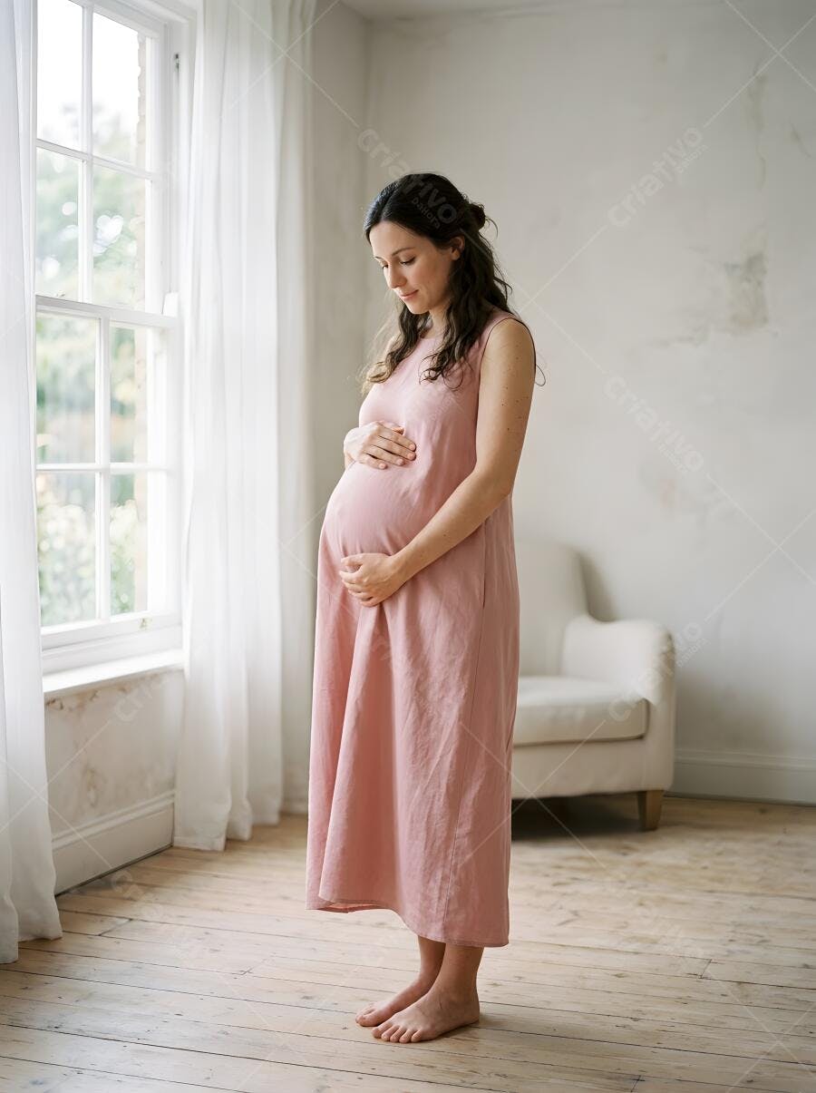 Foto Mulher Grávida Vestido Rosa Tocando Barriga Maternidade