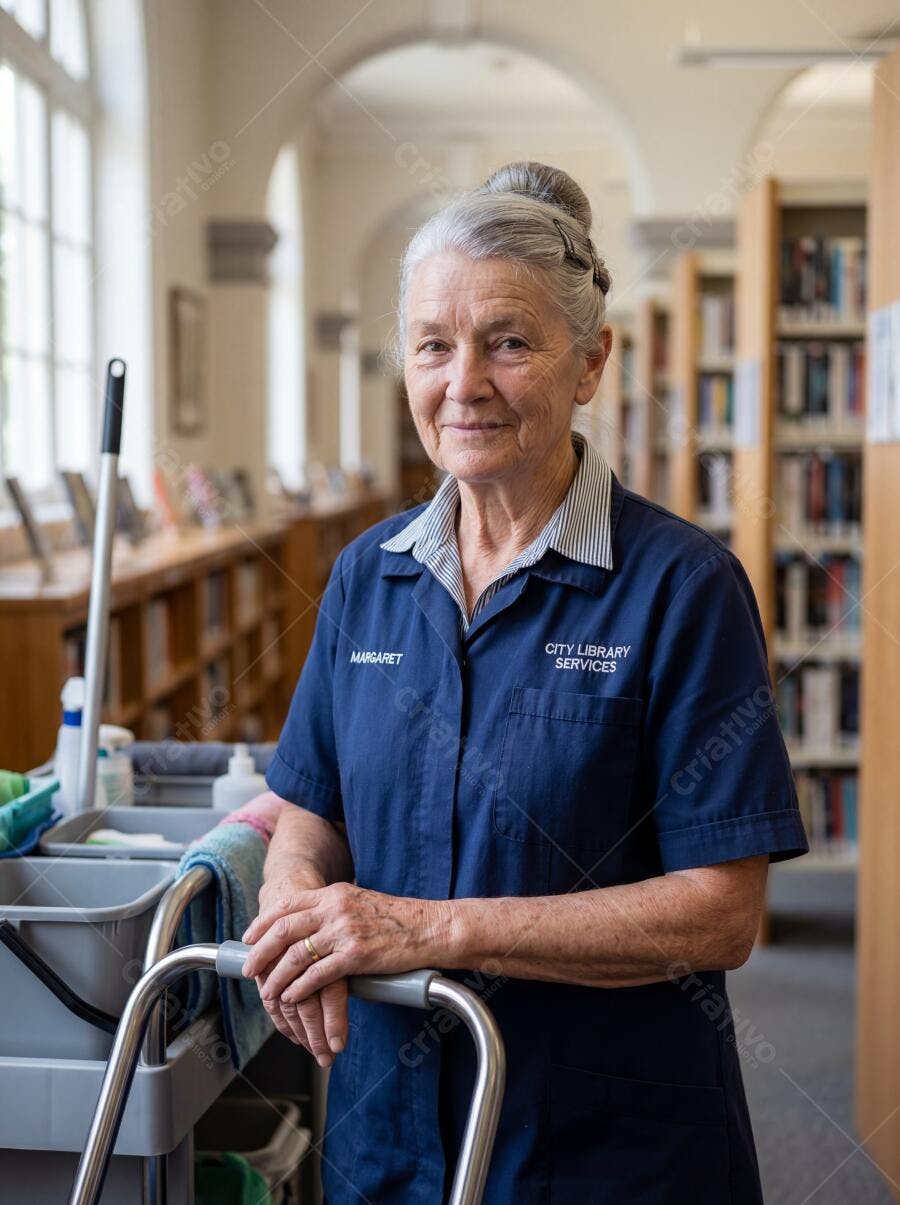 Foto Mulher Idosa Faxineira Sorrindo Biblioteca Pública