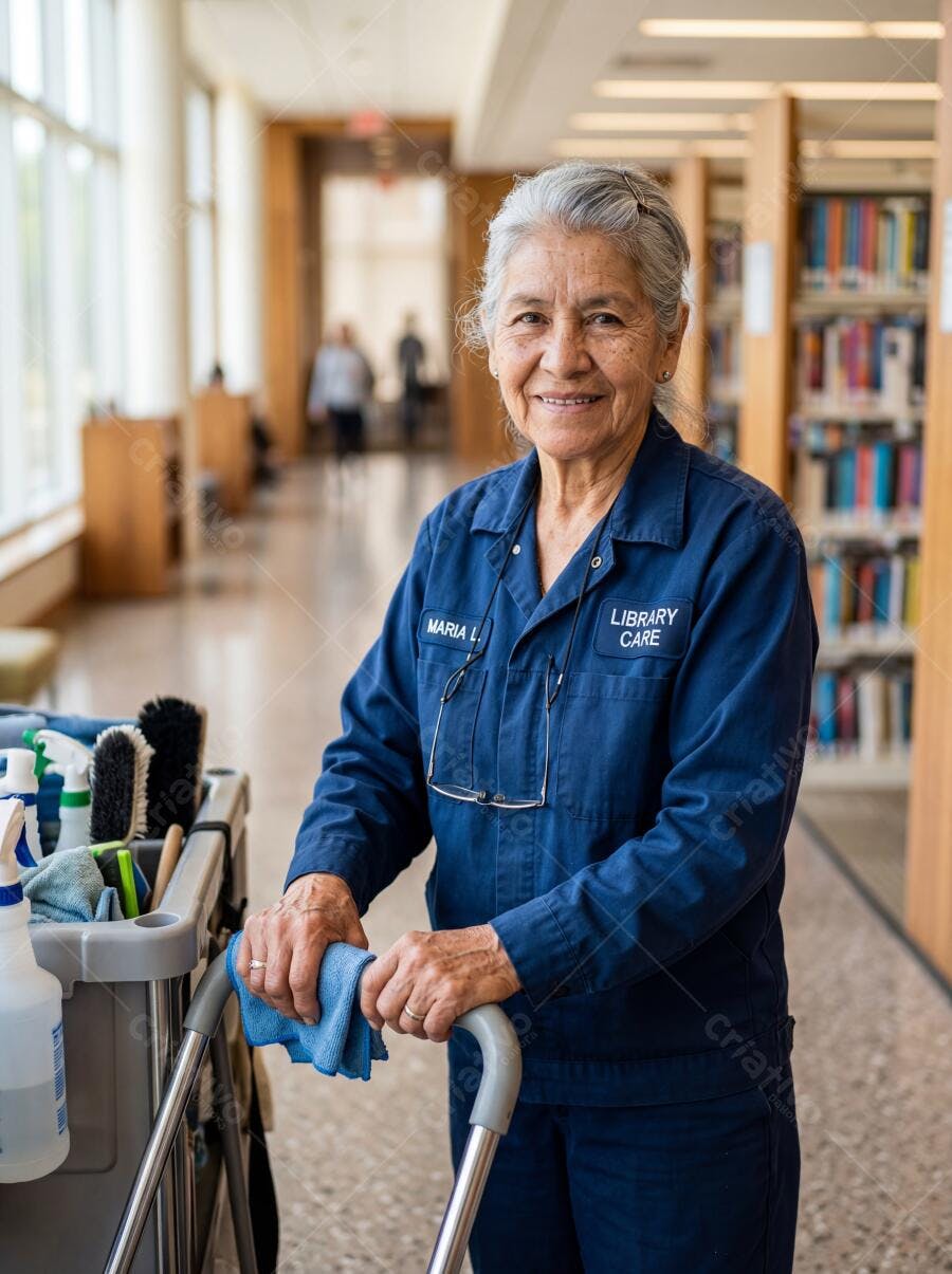 Foto Mulher Idosa Faxineira Sorrindo Carro de Limpeza Biblioteca
