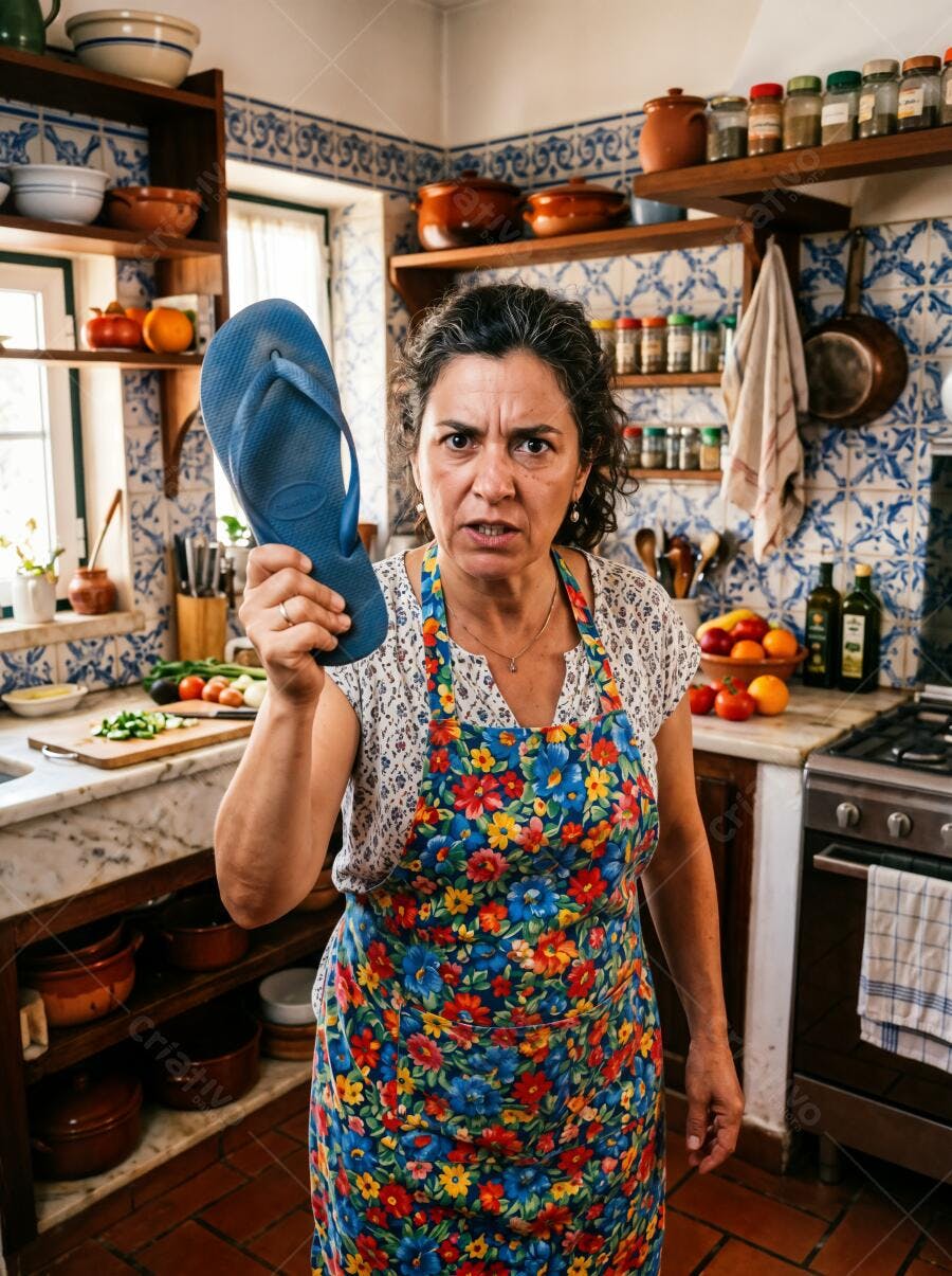Foto Mulher Irritada Avental Floral Chinelo na Cozinha
