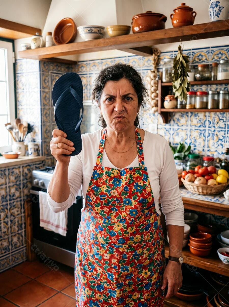 Foto Mulher Irritada Avental Floral Segurando Chinelo Cozinha