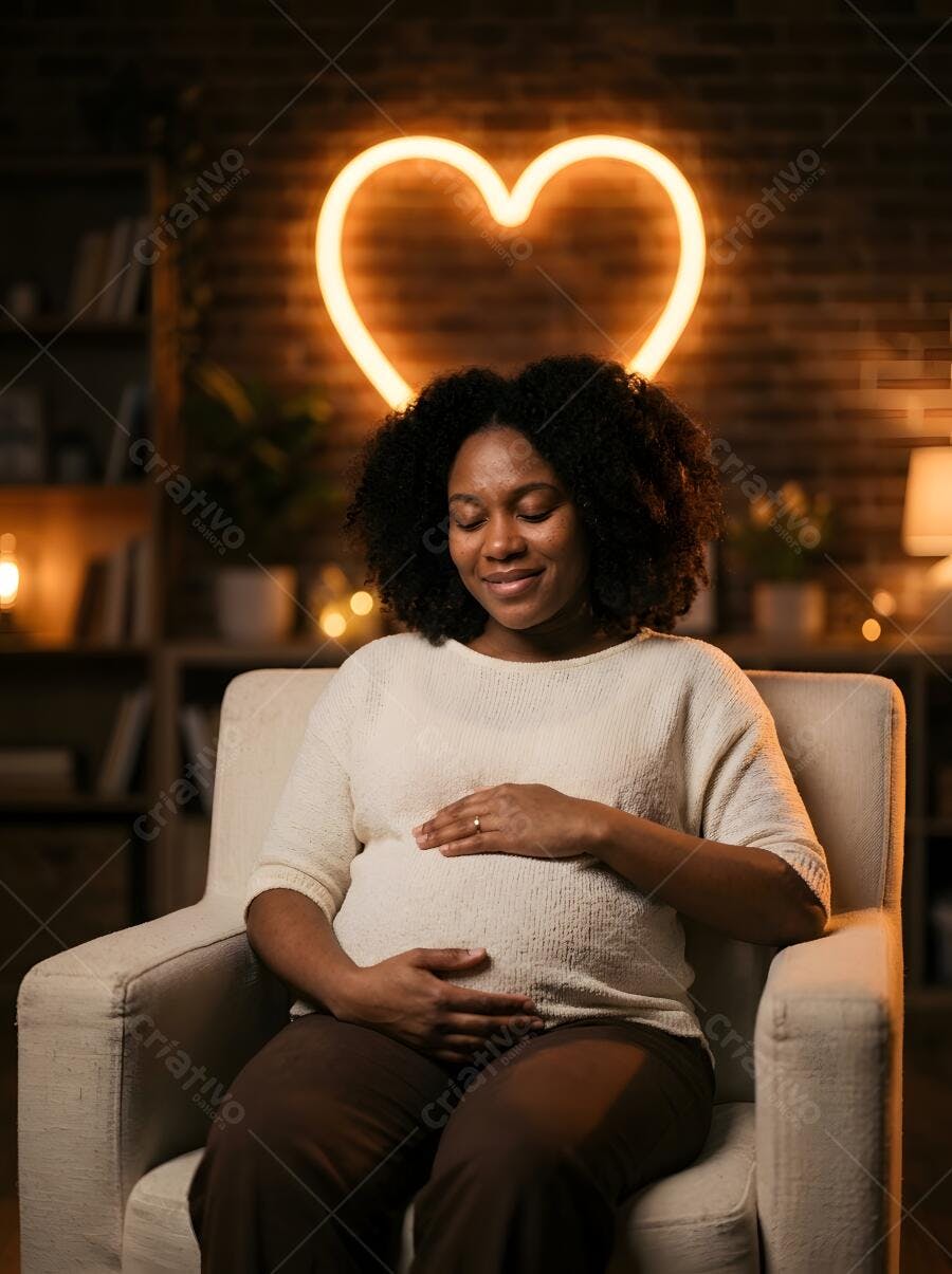 Foto Mulher Negra Grávida Acariciando Barriga Coração Neon
