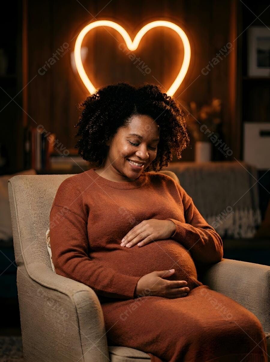 Foto Mulher Negra Grávida Sorrindo Tocando Barriga Coração Neon