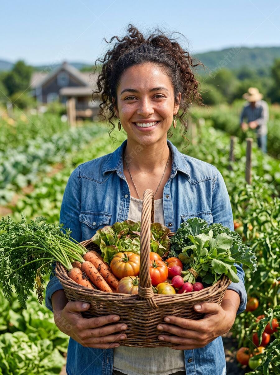 Foto Mulher Sorrindo Cesta de Vegetais Frescos Horta Orgânica