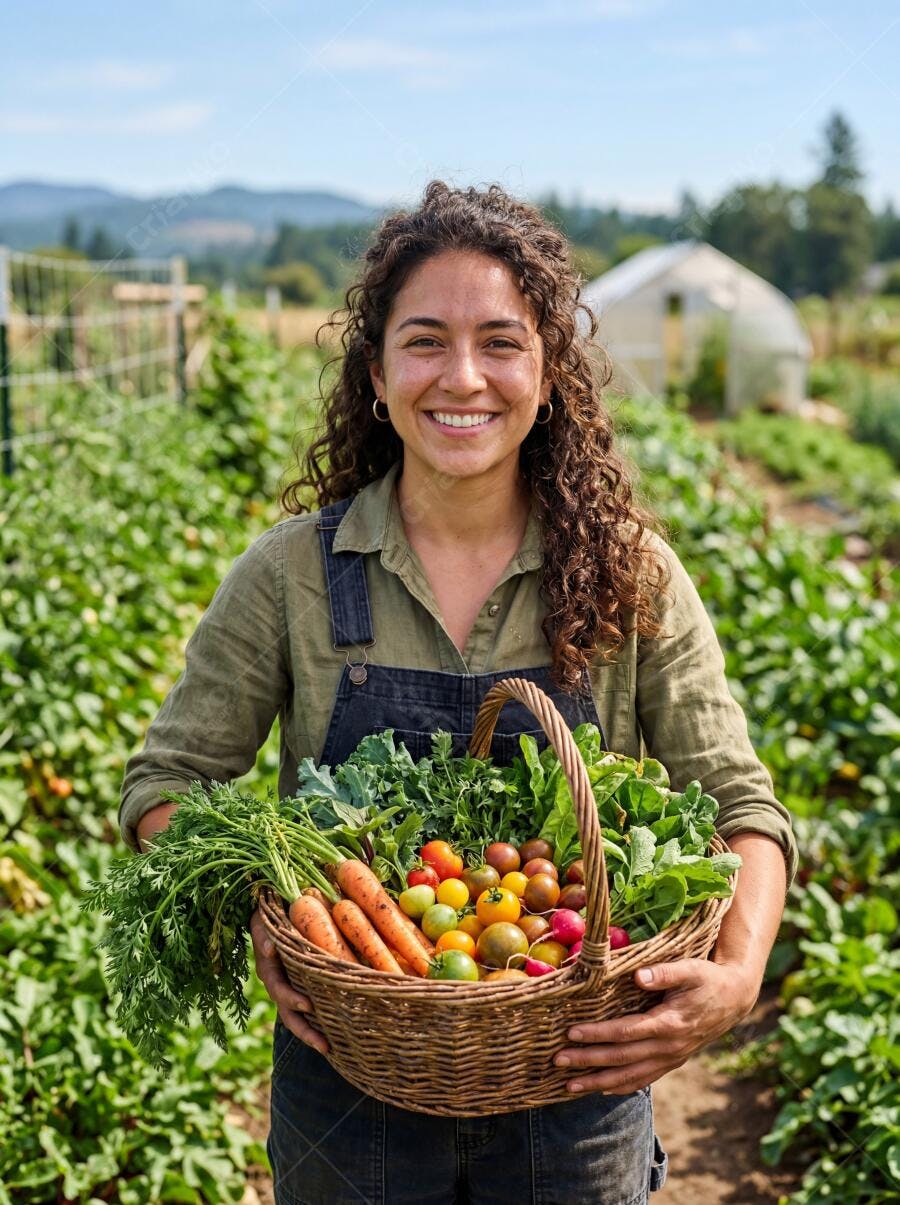 Foto Mulher Sorrindo Cesta de Vegetais Frescos Horta Orgânica