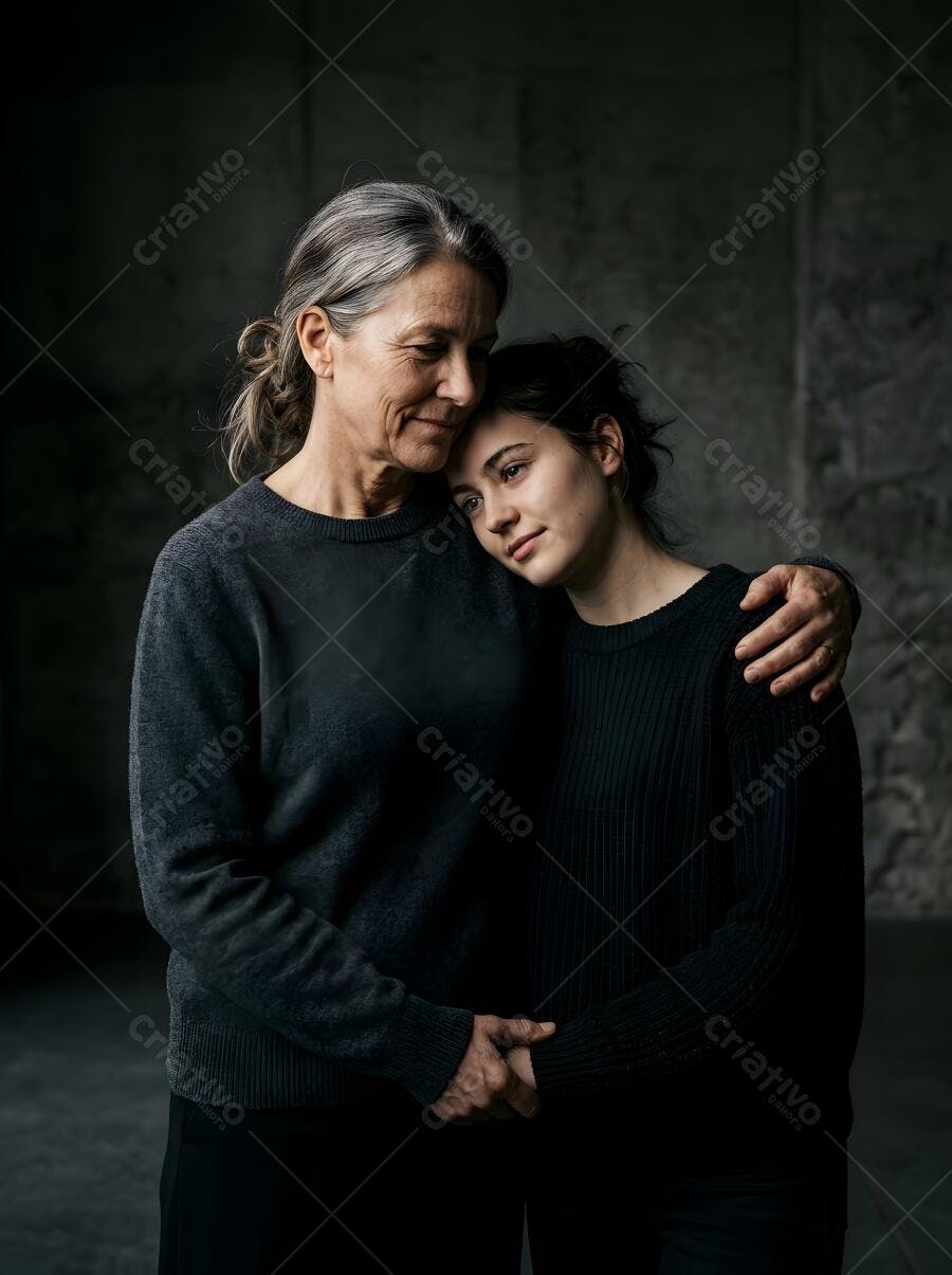 Foto Mulheres Abraçadas Mãe e Filha Afeto Carinho Fundo Escuro