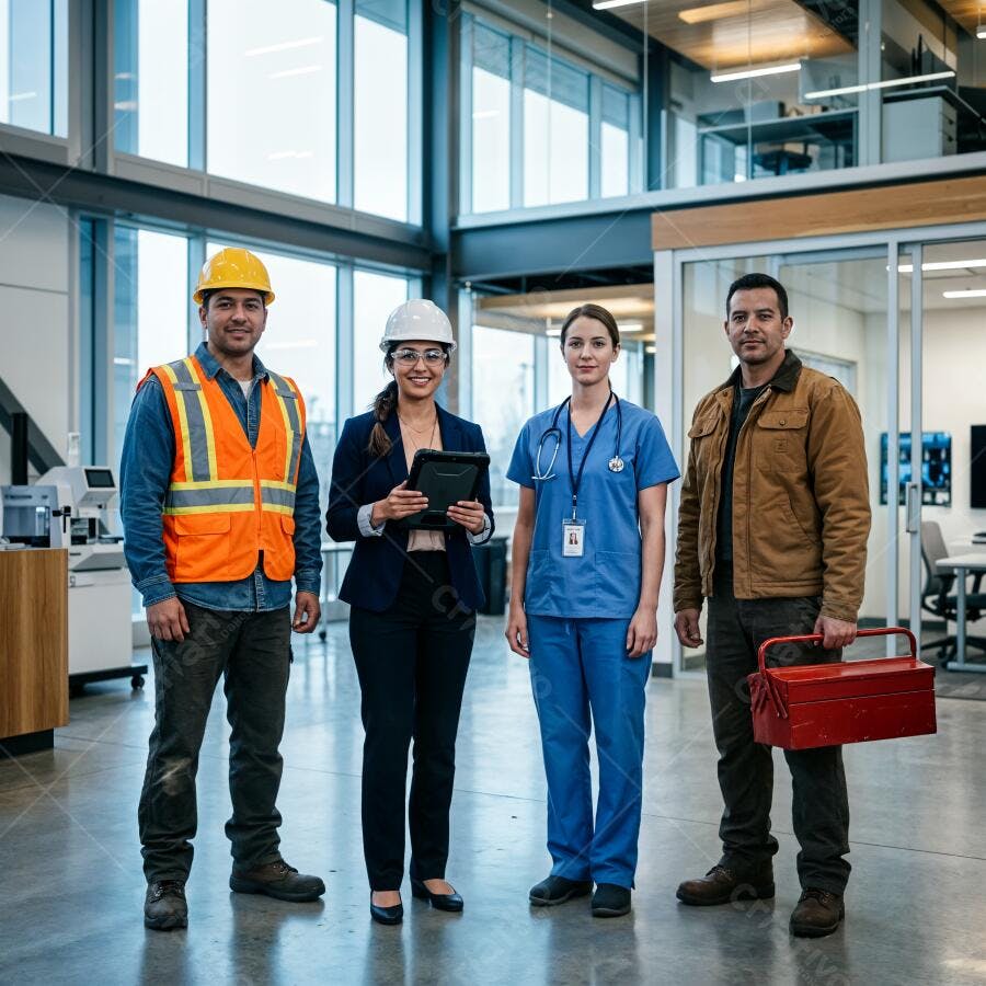 Foto Profissionais Diversos Engenheiro Enfermeira Trabalhadores Construção Civil