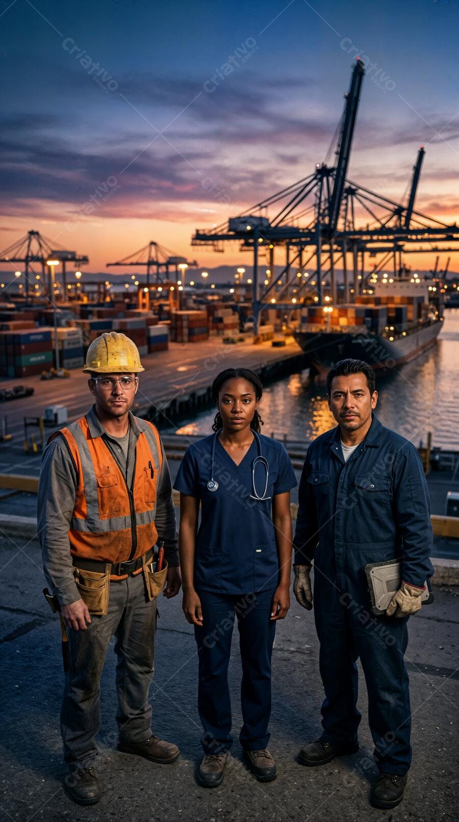 Foto Profissionais Diversos Trabalhadores Porto ao Pôr do Sol