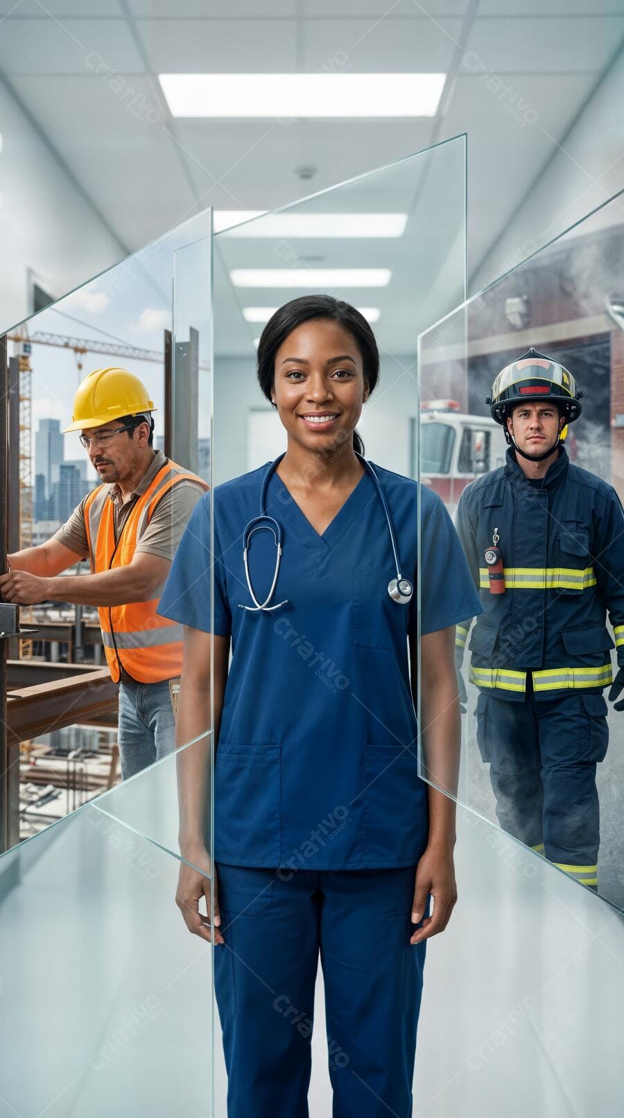 Foto Profissionais Essenciais Mulher Médica Engenheiro Bombeiro