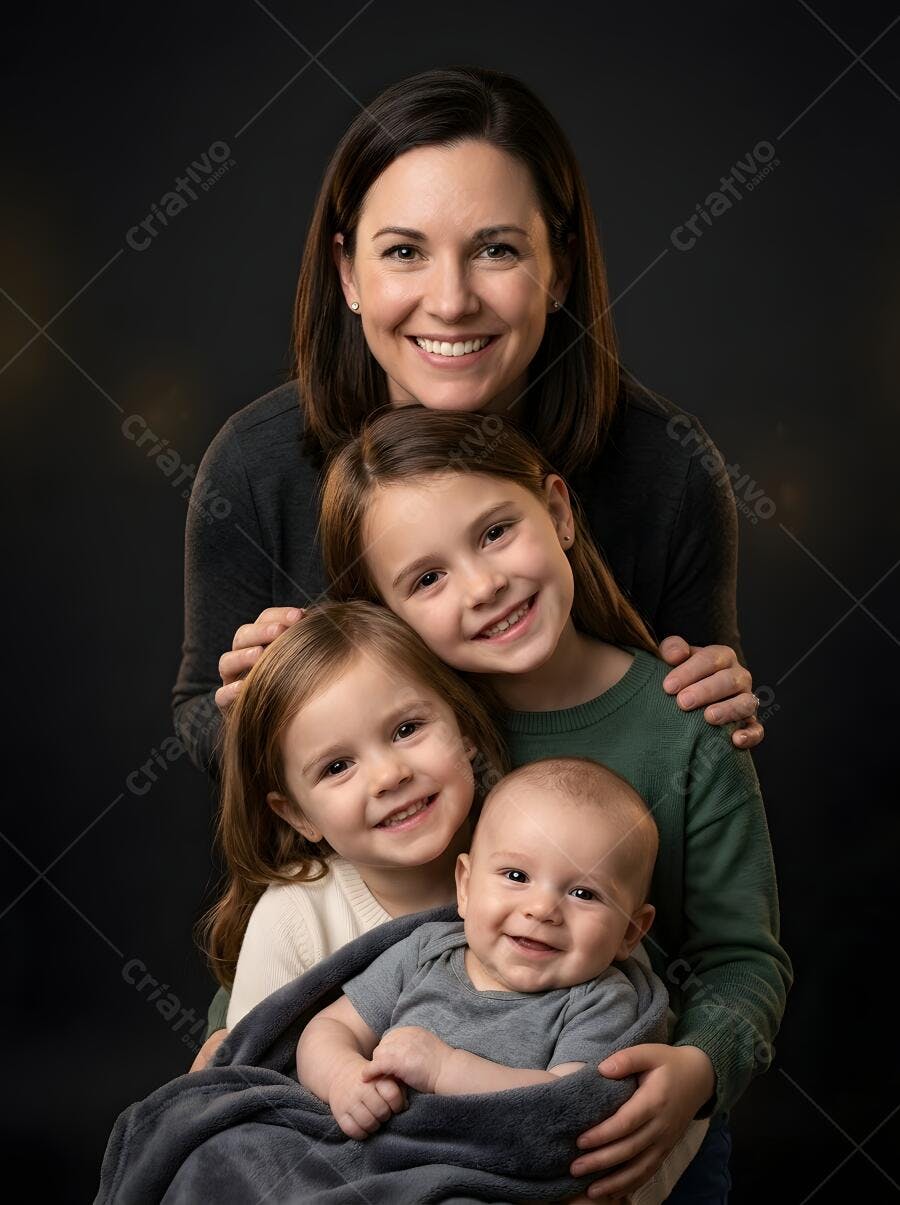 Foto Retrato Família Mãe Filhas Bebê Sorrindo Fundo Escuro